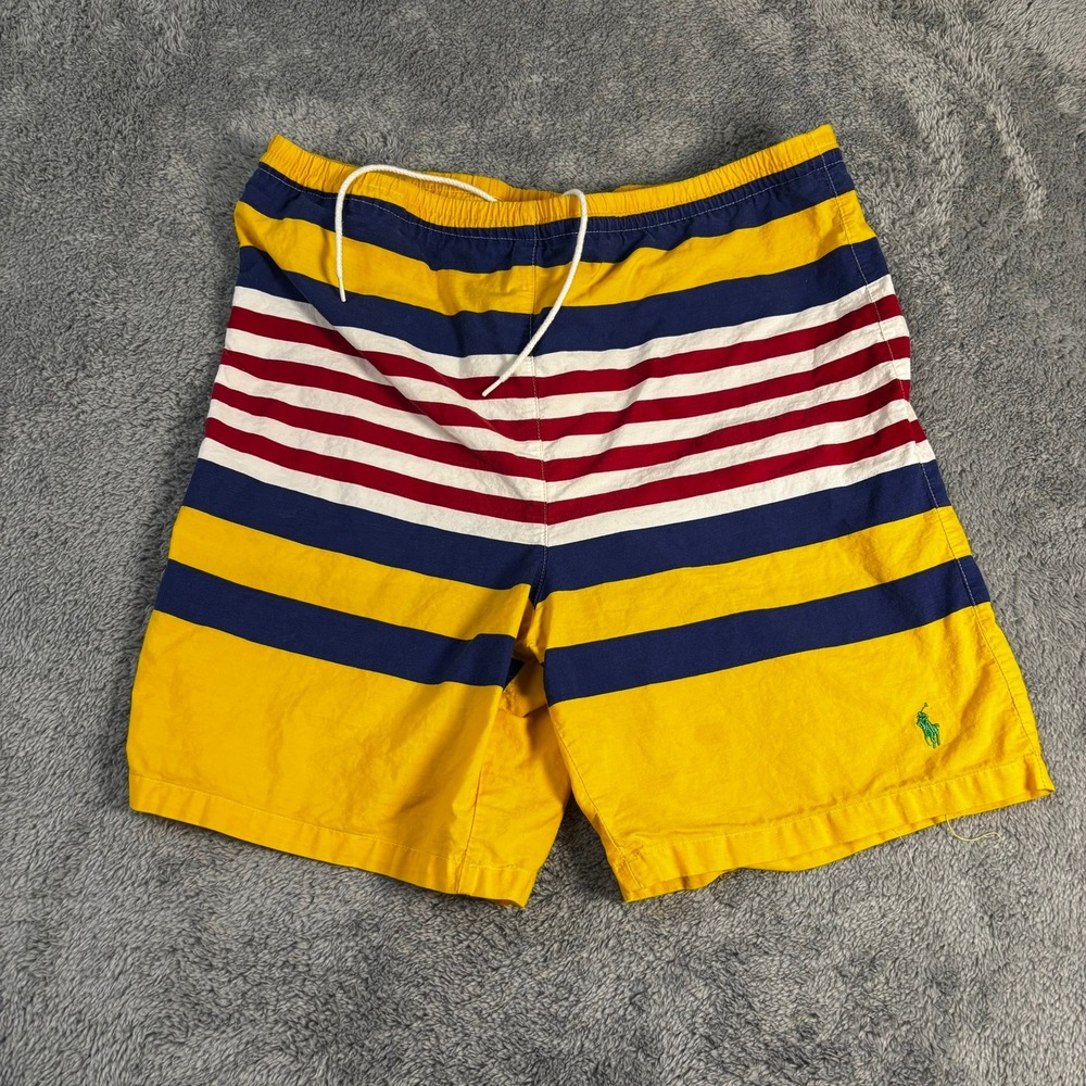 Vintage Polo Ralph Lauren Mens XL Striped Swim Trunks Yellow Blue Red USA Made